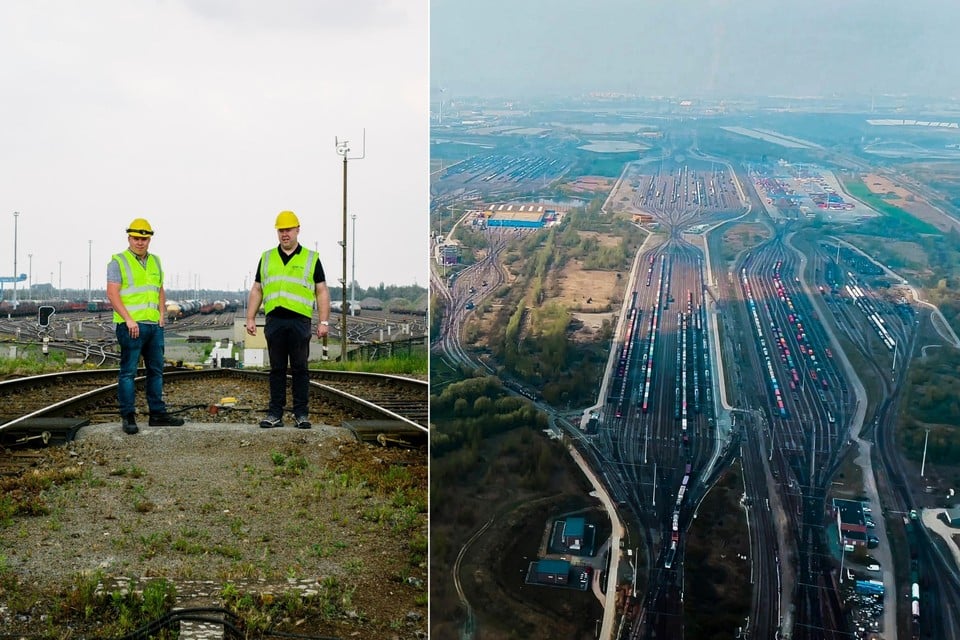 Links: teamleider Axel Waterschoot en treinbestuurder Diego De Jonge van Lineas bovenop een van de twee rangeerheuvels. Rechts: de spoorbundels in het havenlandschap.