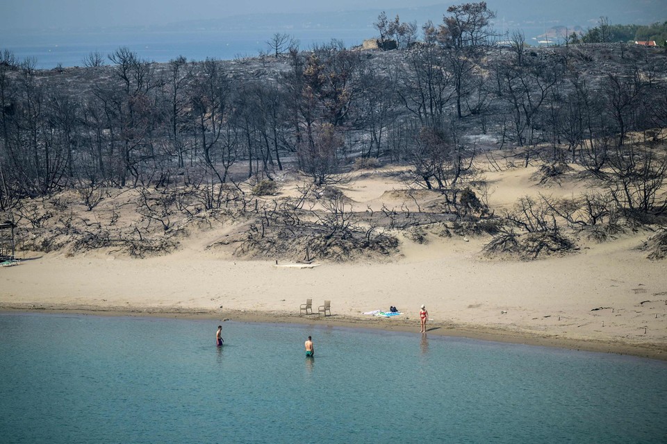 Een strand op Rhodos vlak na de bosbranden, in juli vorig jaar.