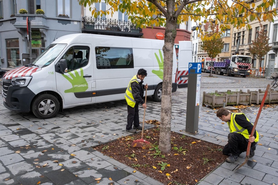 Enkele werknemers van het maatwerkbedrijf Manus doen op deze foto groenonderhoud in Antwerpen. Binnenkort krijgen maatwerkbedrijven er in Vlaanderen in één klap 450 jobs bij. 