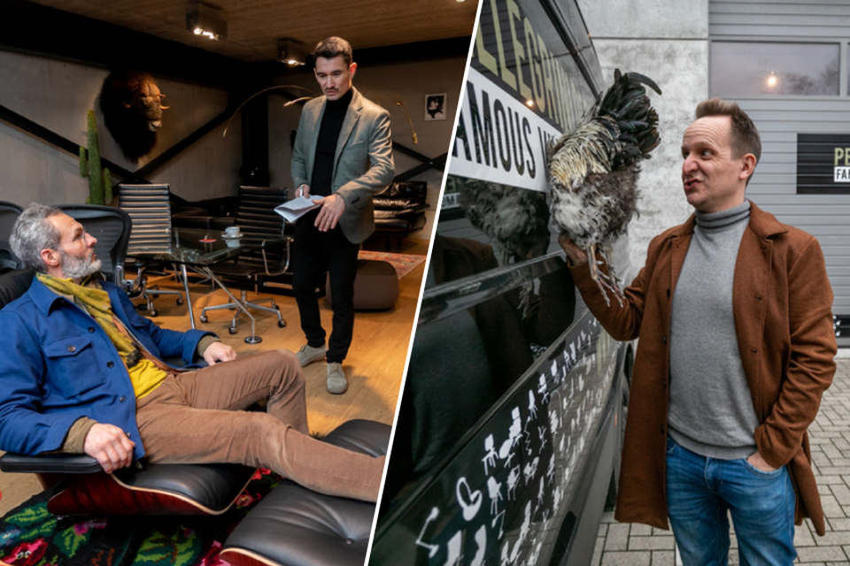 Links: dealer Yves Chung verkoopt een fauteuil aan Raf Roelants. Rechts: onze journalist met zijn halve kip.  