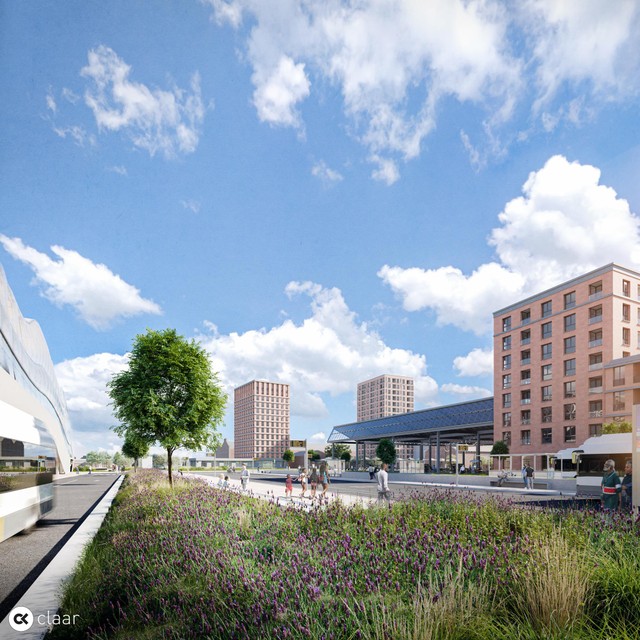 Het geplande nieuwe bussstation achter het treinstation, met op de achtergrond de torens van Ragheno.