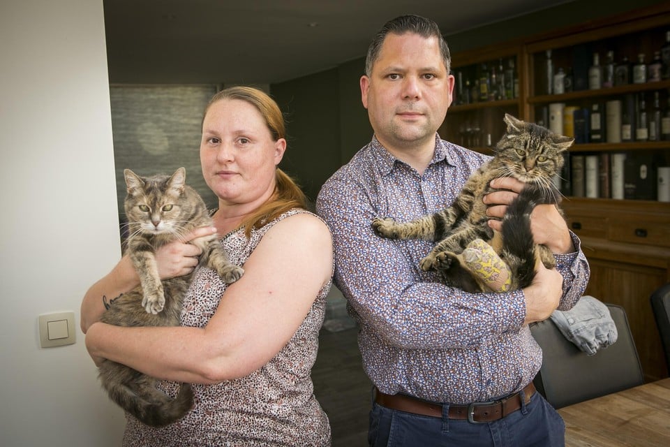 Baasjes Nathalie de Bruyn en Joris Smeets met de onfortuinlijke Sloeberke in het gips en Ella die een jaar geleden praktisch hetzelfde meemaakte.