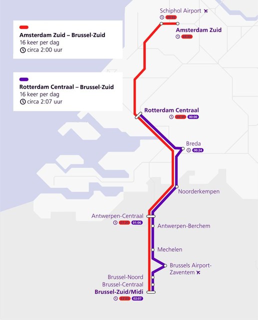 Er zouden straks twee treinen van Brussel naar Nederland rijden: één met de bestaande haltes naar Rotterdam en een snellere naar Amsterdam met alleen een Belgische halte in Antwerpen.