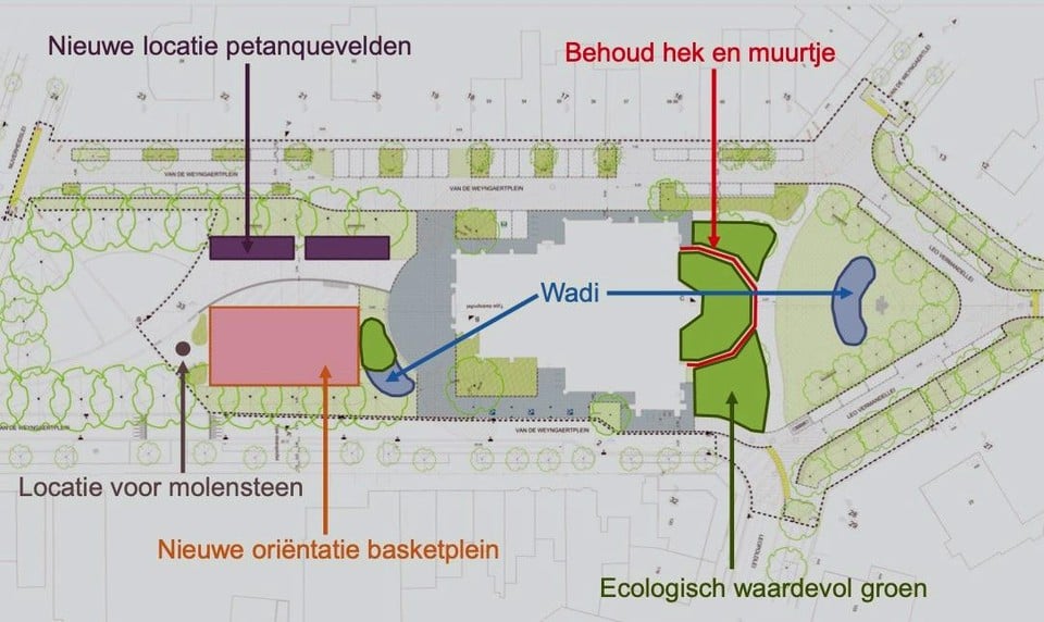 Dit plan geeft een duidelijk overzicht van het plein voor de kerk. Aan de speeltuin links verandert er niets.