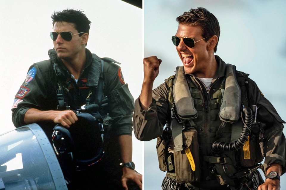 Links: een beeld uit de originele ‘Top gun’ uit 1986. Rechts: 63 jaar later lijkt Tom Cruise geen haar veranderd. 