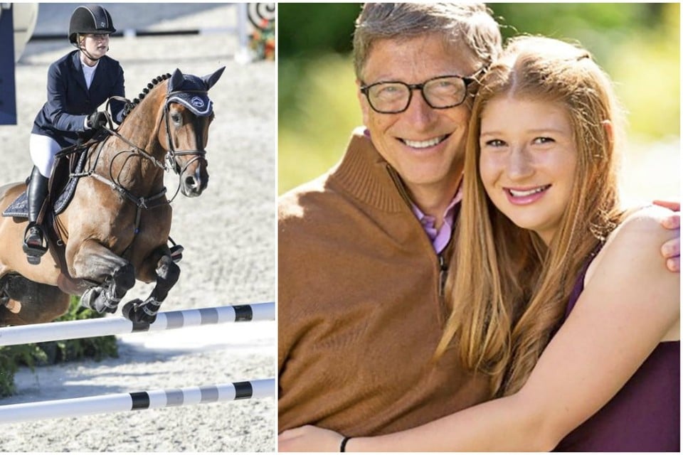 Links: Jennifer Gates in actie, rechts: samen met vader Bill Gates. 