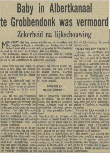 Een stuk van het artikel over de gevonden baby in Grobbendonk zoals het verscheen in Gazet Van Antwerpen in 1964 