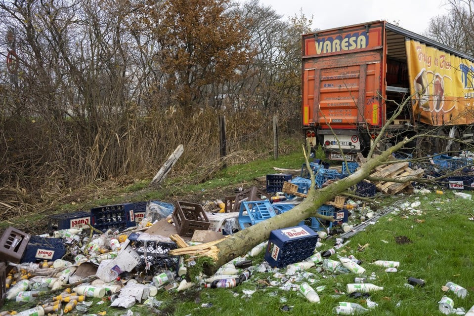 Een vrachtwagen geladen met dranken denderde van de E34 in Turnhout in een naastgelegen wei. 