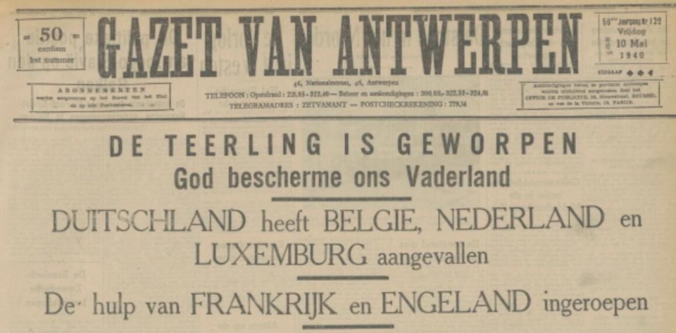 Gazet van Antwerpen van 10 mei 1940 - de Achttiendaagse Veldtocht is begonnen