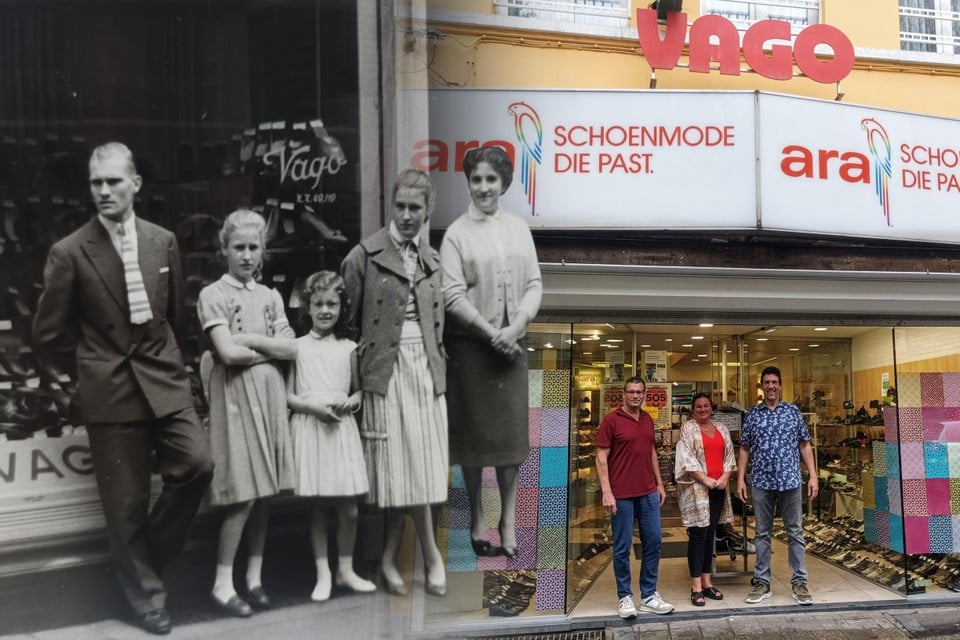 Foto rechts: Werner, Vanessa en Marc voor schoenenwinkel Vago in de Sint-Gummarusstraat.