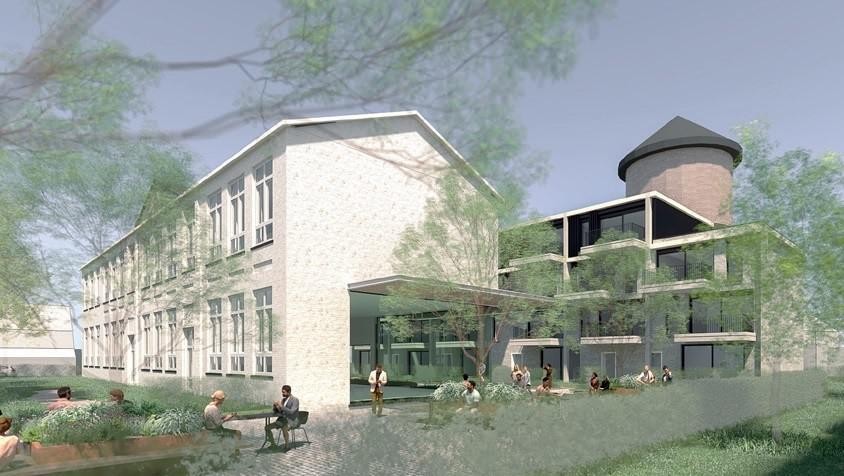 View from Petrus Bogaertslaan with the service center in the renovated school on the left and the nursing homes at the back towards the water tower.