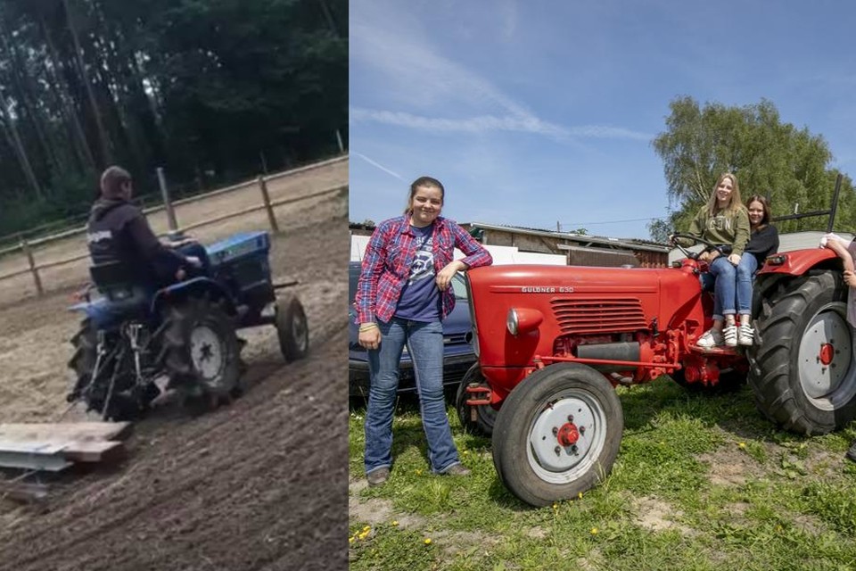 De kleine blauwe tractor met frees die gestolen is. Rechts: Cheyenne, Chelsey, Caitlin en Julie tonen de rode tractor die in de weide gevonden werd. 
