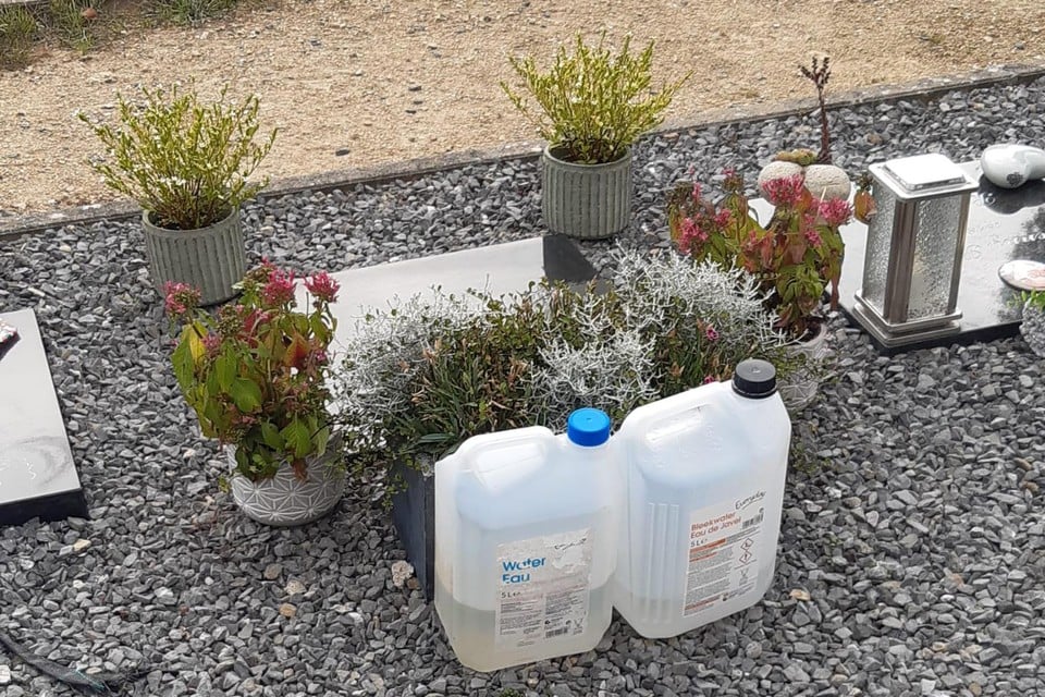 Enkele bidons met water en onderhoudsproduct bij een graf.