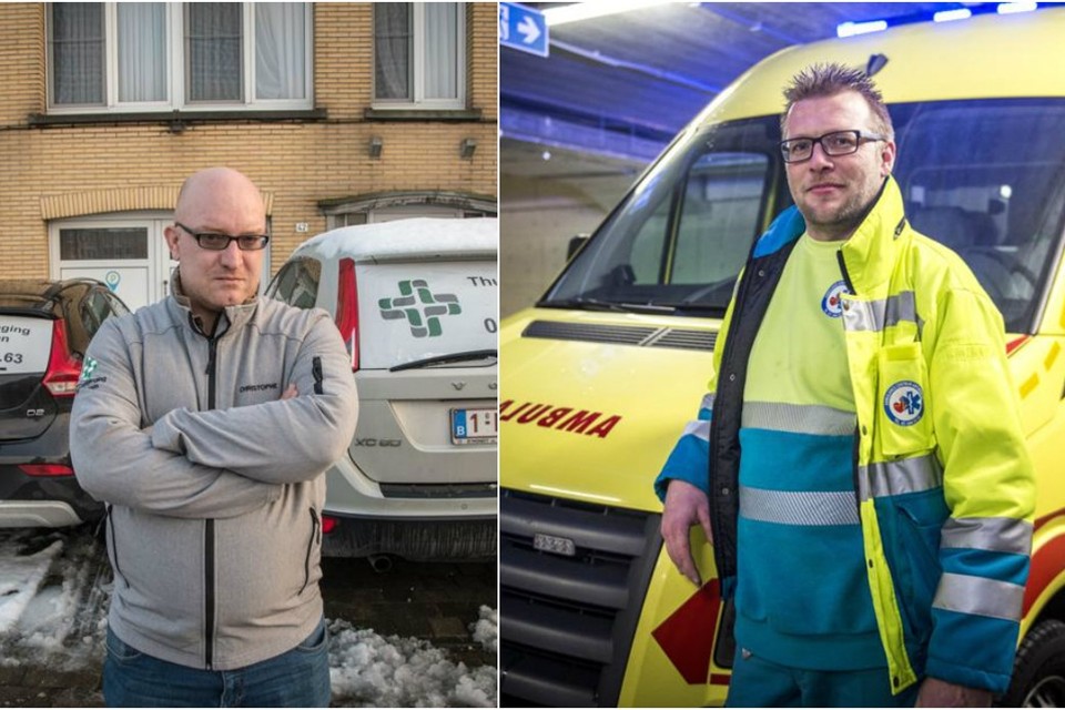 Links: thuisverpleger Christophe Compeers. Rechts: ambulancier Yves Renard 
