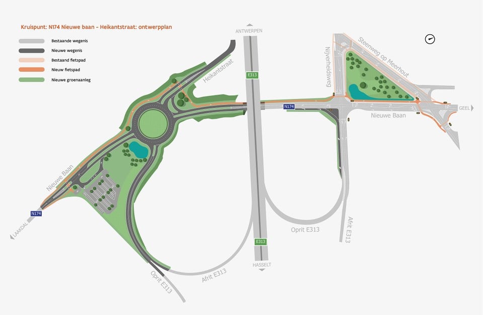 De nieuwe grote rotonde moet de kruispunten van de Nieuwe Baan met de Heikantstraat verbinden met de op- en afrit naar de E313.