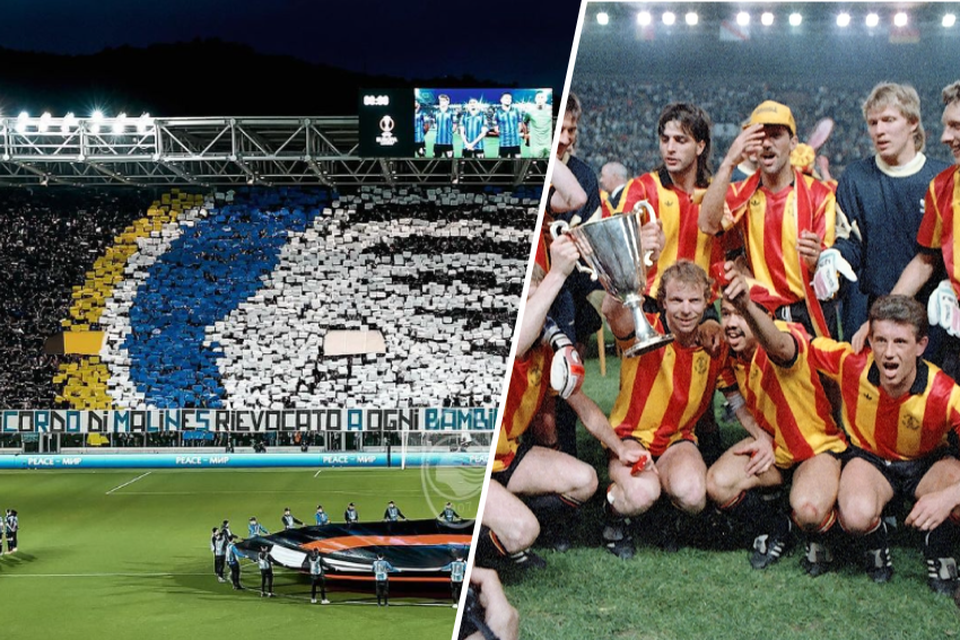 Links: het Stadio Atleti Azzurri d’Italia, de thuishaven van Atalanta, donderdagavond. Rechts: de betreurde Lei Clijsters zittend met de beker in de hand na het winnen van de Europa Cup II tegen Ajax.