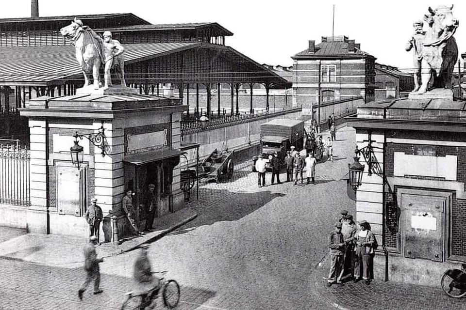 Tot 1947 stonden deze massieve stierenbeelden aan de ingang van het stedelijke slachthuis. Daarna moesten ze wijken voor de verbreding van de Slachthuislaan.