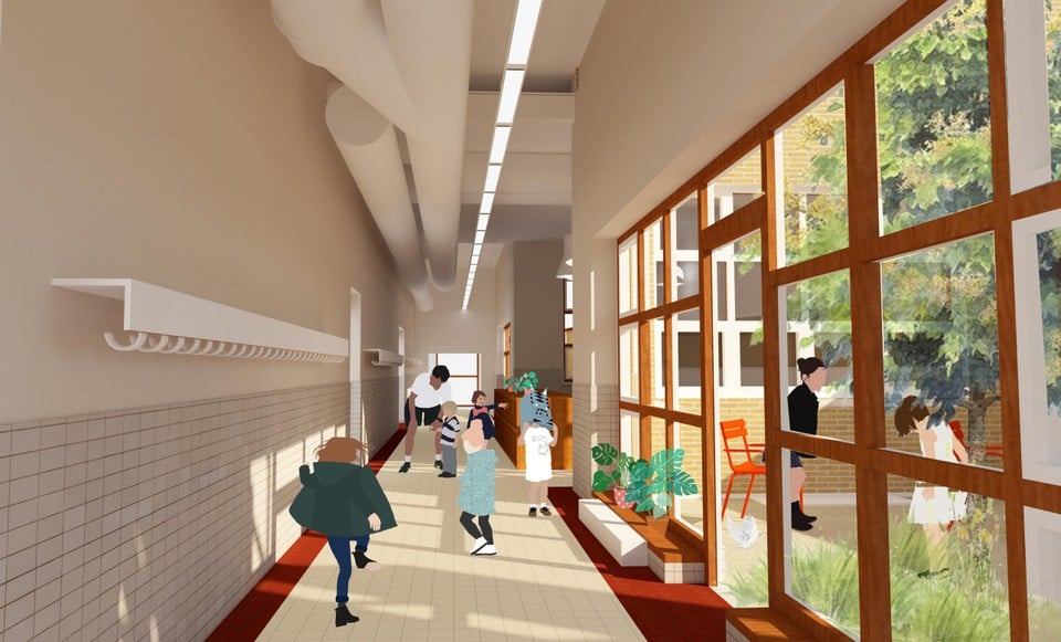 This is what the same hallway will look like after the renovation, with a courtyard on the right that will be used as an outdoor classroom. 