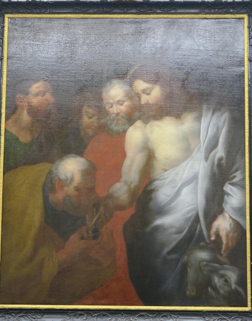 Het schilderij na restauratie. Thomas is nu Petrus, krijgt de sleutels van het Koninkrijk uit handen van Christus, die opnieuw een onderarm heeft in juist verhouding met zijn bovenarm.