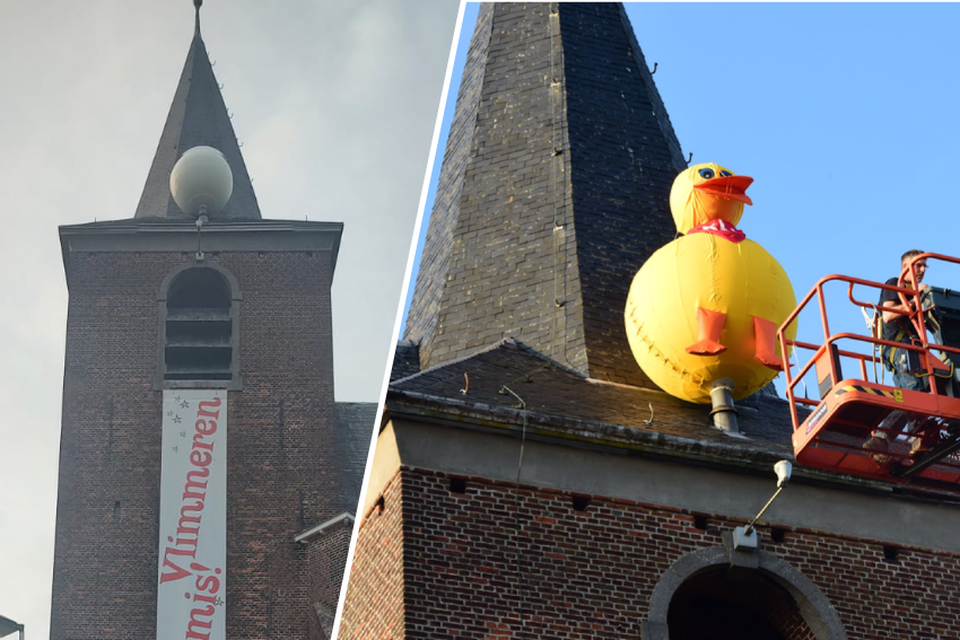 De KLJ van Vlimmeren toverde in 2018 het kunstwerk De Maan van Vlimmeren op de Sint-Quirinuskerk even om tot een grote, gele eend.