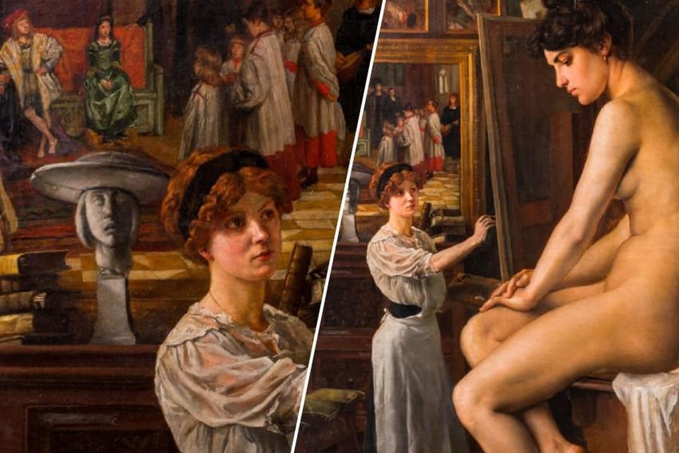 Het werk toont een kunstenares en haar vrouwelijk model in een atelier.