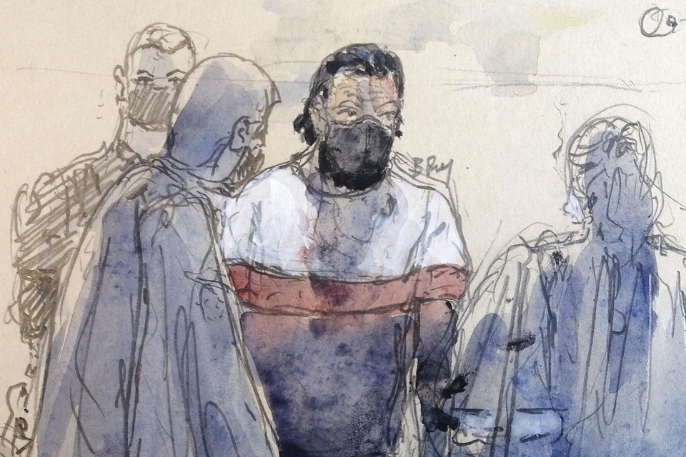 Een tekening van Salah Abdeslam tijdens het assisenproces in Parijs. 