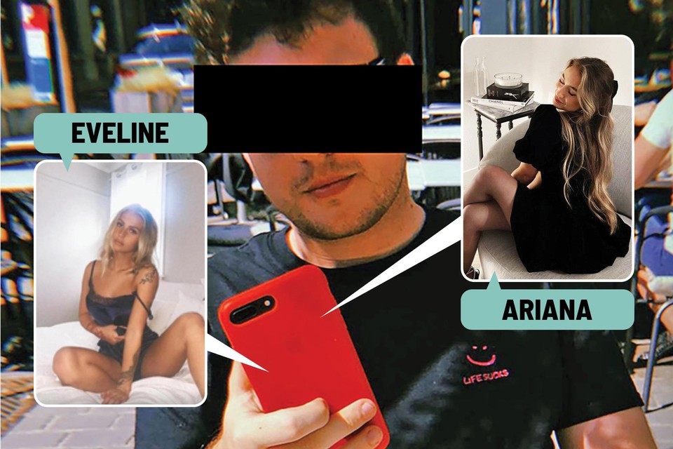 G. R. deed zich eerst voor als ‘Eveline’ (links) met foto’s van iemand anders, nu ging hij te werk als ‘Ariana’, met foto’s van een Amerikaans model 