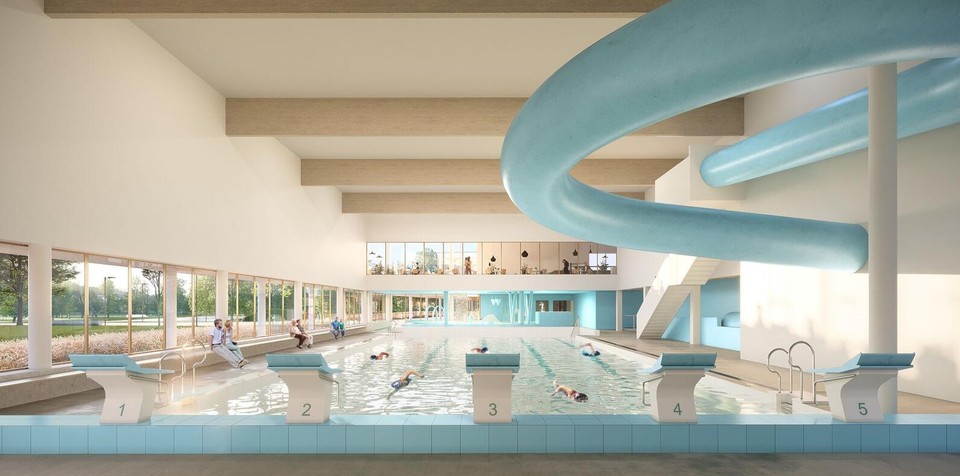 Het nieuw zwembad dat Sportoase op de Balsakker in Lille gaat bouwen zal er zo uitzien, met nog een peuterbad, glijbaan en cafetaria. Het opent in 2024 