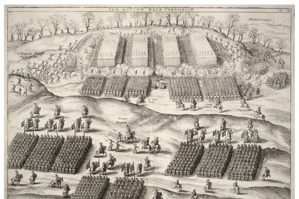 Gravure van de slag bij Turnhout in 1597.