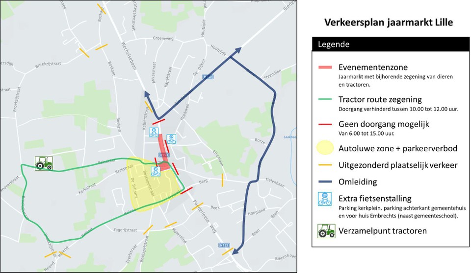 Zo ziet het verkeersplan er voor de jaarmarkt in Lille van komende zondag eruit.