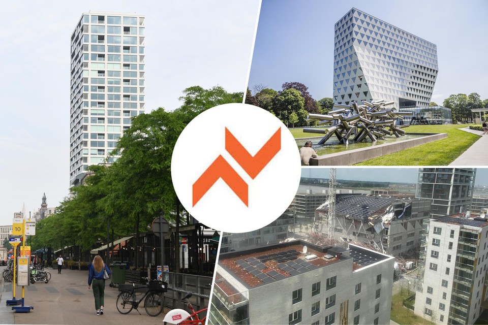 Links: de Antwerp Tower. Rechtsboven: het provinciehuis. Rechtsonder: de ingestorte school op Nieuw Zuid. Centraal: het logo van Democo. 