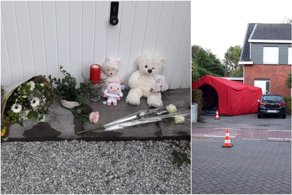 Aan de poort van kinderopvang Klim-Op liggen bloemen en beertjes ter nagedachtenis van het kindje dat donderdagavond op de oprit werd aangereden. 
