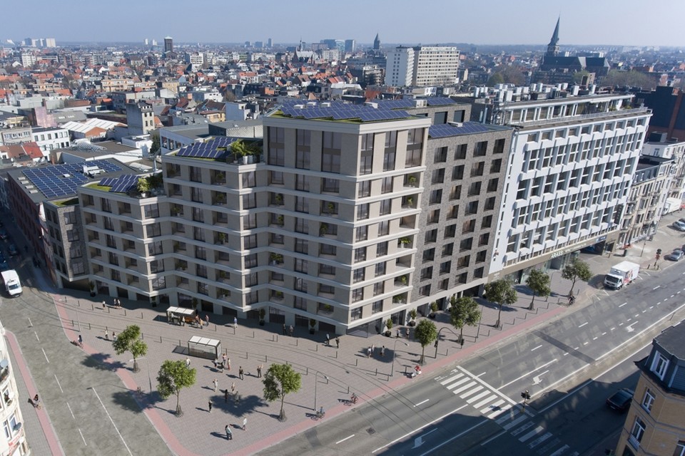 Een simulatie van het nieuwe hotel- en appartementencomplex op de hoek van de Provinciestraat en de Plantin en Moretuslei. 