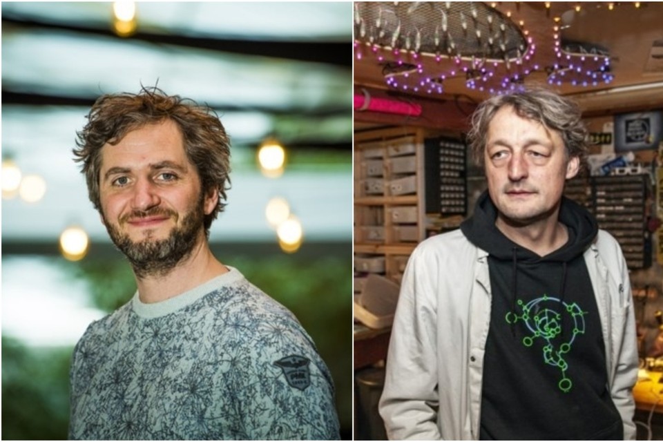 Comedy- en televisiemaker Lieven Scheire (links) en ‘mad scientist’ Anthony Liekens.