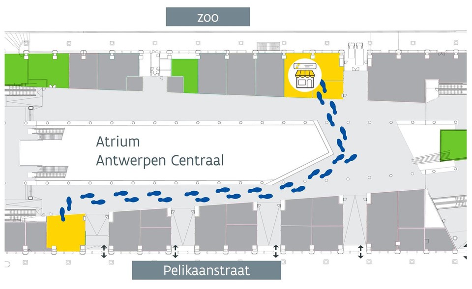 Onderaan in het geel: de huidige Lijnwinkel in het Centraal Station. Bovenaan in het geel; de nieuwe locatie die op donderdag 10 augustus opent.