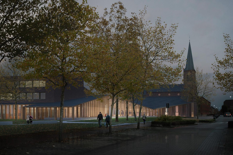 Buitenaanzicht van het nieuwe gemeentehuis aansluitend met de kerk in Onze-Lieve-Vrouw-Olen.  