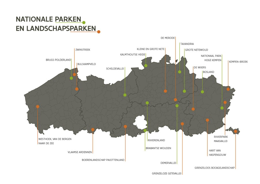 Alle 23 kandidaten voor de erkenning tot Nationaal Park (groen) of Landschapspark (oranje) in kaart.