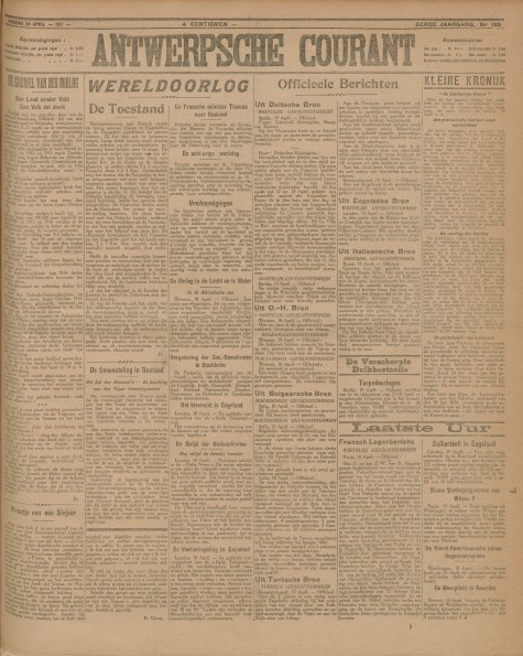 De voorpagina van de met de Duitse bezetter collaborerende Antwerpsche Courant