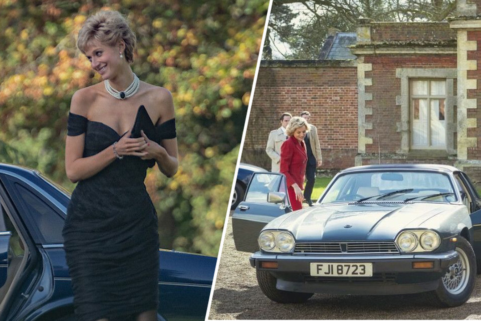 Links: de ‘revenge dress’ van Diana, rechts: Diana’s Jaguar.