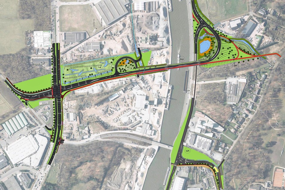 Het ontwerp van de nieuwe Hoogmolenbrug. Kant Deurne = links. Schoten = rechts. De huidige Hoogmolenbrug zie je onderaan.