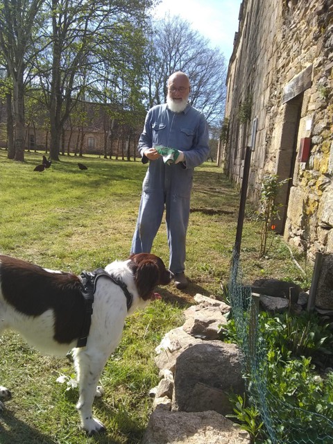 Broeder Guerric Aerden met zijn Drentse patrijshond in de tuin.