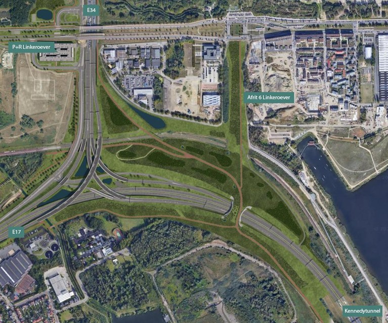 Zo zal knooppunt Linkeroever er in de toekomst uitzien. Veel groen, een parkbrug en fietsinfrastructuur.