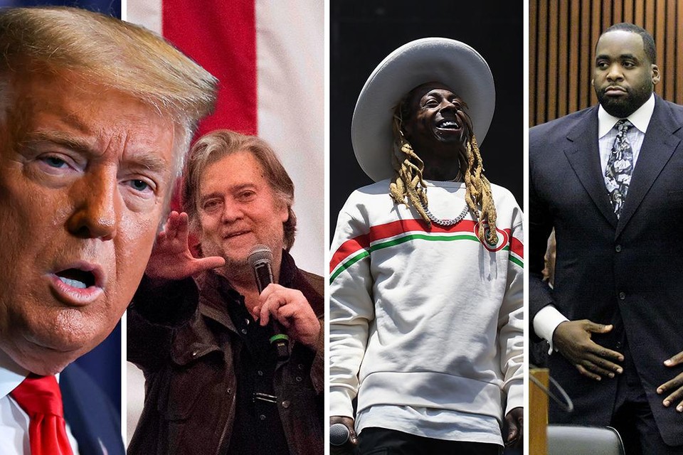 Kregen gratie van president Trump: adviseur Steve Bannon, rapper Lil Wayne, en voormalig burgemeester van Detroit Kwame Kilpatrick.