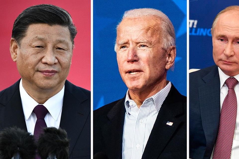De toekomstige Amerikaanse president past niet in het plaatje dat Xi Jinping (l.) en Vladimir Poetin (r.) voor ogen hebben. 