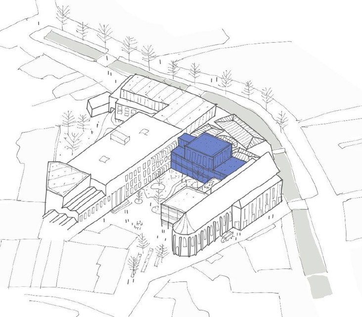 Het blauw gekleurde gebouw is het nieuwe portaalgebouw.