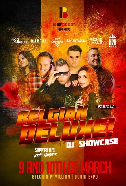 De officiële affiche van Belgian Deluxe, het minifestival met een selectie van Belgische top-dj’s in Dubai deze week.