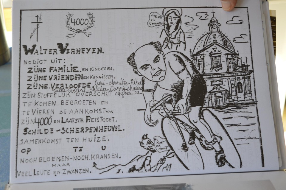 Een cartoon van Walter bij zijn 4.000ste tocht naar Scherpenheuvel. 