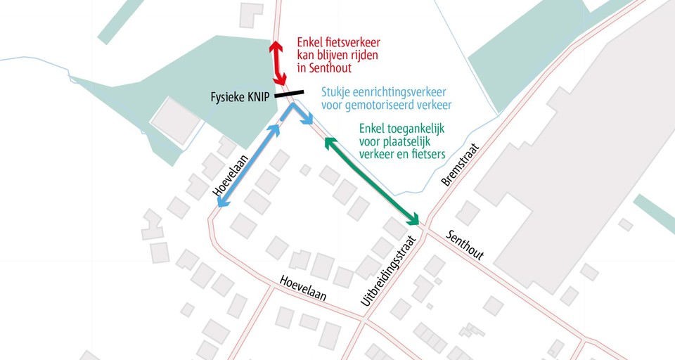 De knip in Senthout zorgt ervoor dat je niet meer richting Lintsesteenweg (kruispunt OKay) kunt.