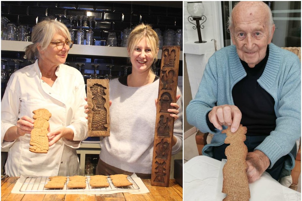 Ann toont de verse speculaas terwijl dochter Emma de oude, houten mallen vasthoudt. Marcel Schietekat (84) had tot begin jaren 1960 een bakkerij in de Nieuwstraat in Sint-Niklaas