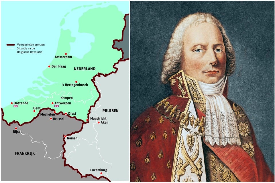 Links: de voorgestelde grenzen in 1831. Rechts: Charles Maurice De Talleyrand.